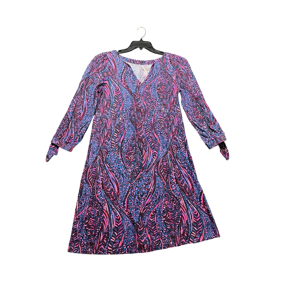 Lilly Pulitzer Dress Women S Blue Pink V-Neck Long Sleeve Tie Cuff A-Line